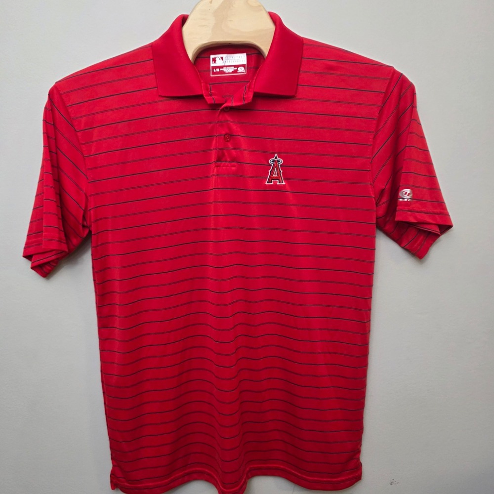 True Fan MLB Los Angeles Angels Mens Large Red Striped Polo Shirt Sporty Gameday